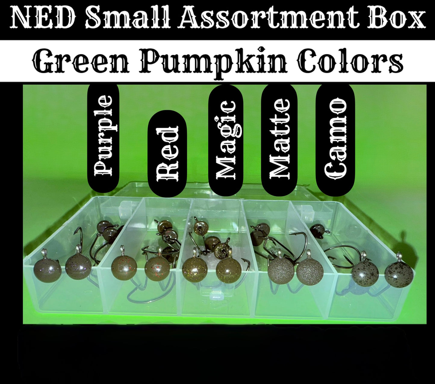 Get The Net EWG Ned Head Small Assortment Box – Green Pumpkin Colors (25 Hooks)