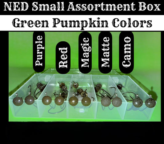 Get The Net EWG Ned Head Small Assortment Box – Green Pumpkin Colors (25 Hooks)